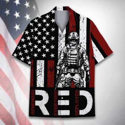 Detailed front view of the patriotic hawaiian shirt with tactical soldier illustration
