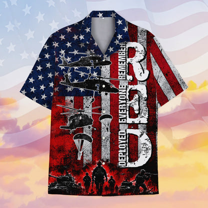 Front detail of red, white, and blue military hawaiian shirt