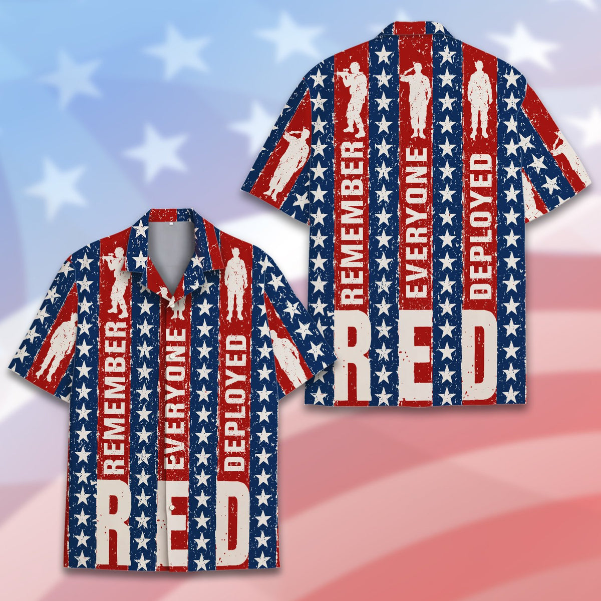 Another front view of the red, white, and blue military hawaiian shirt