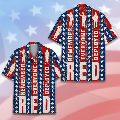 Another front view of the red, white, and blue military hawaiian shirt