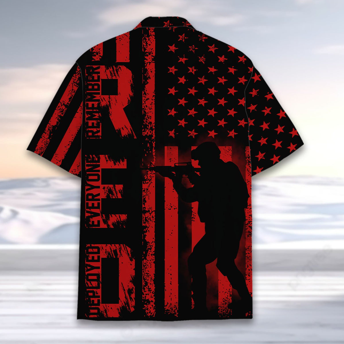Close up of the distressed red and black flag pattern on the hawaiian shirt
