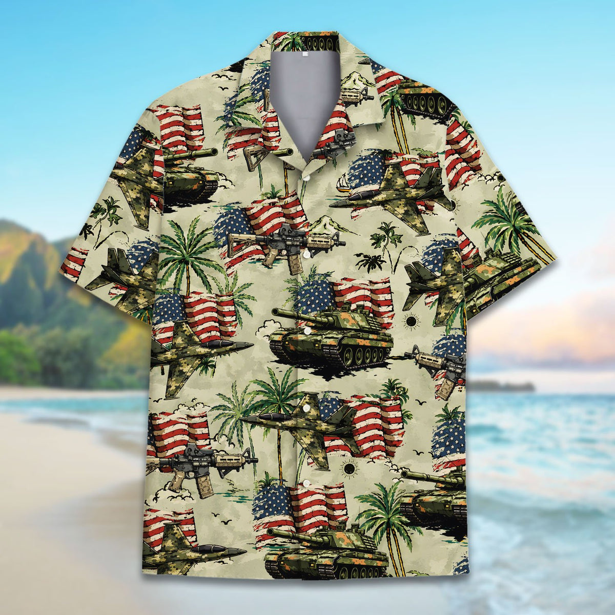 Close-up front view of the military hawaiian shirt design