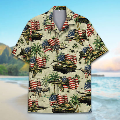 Close-up front view of the military hawaiian shirt design