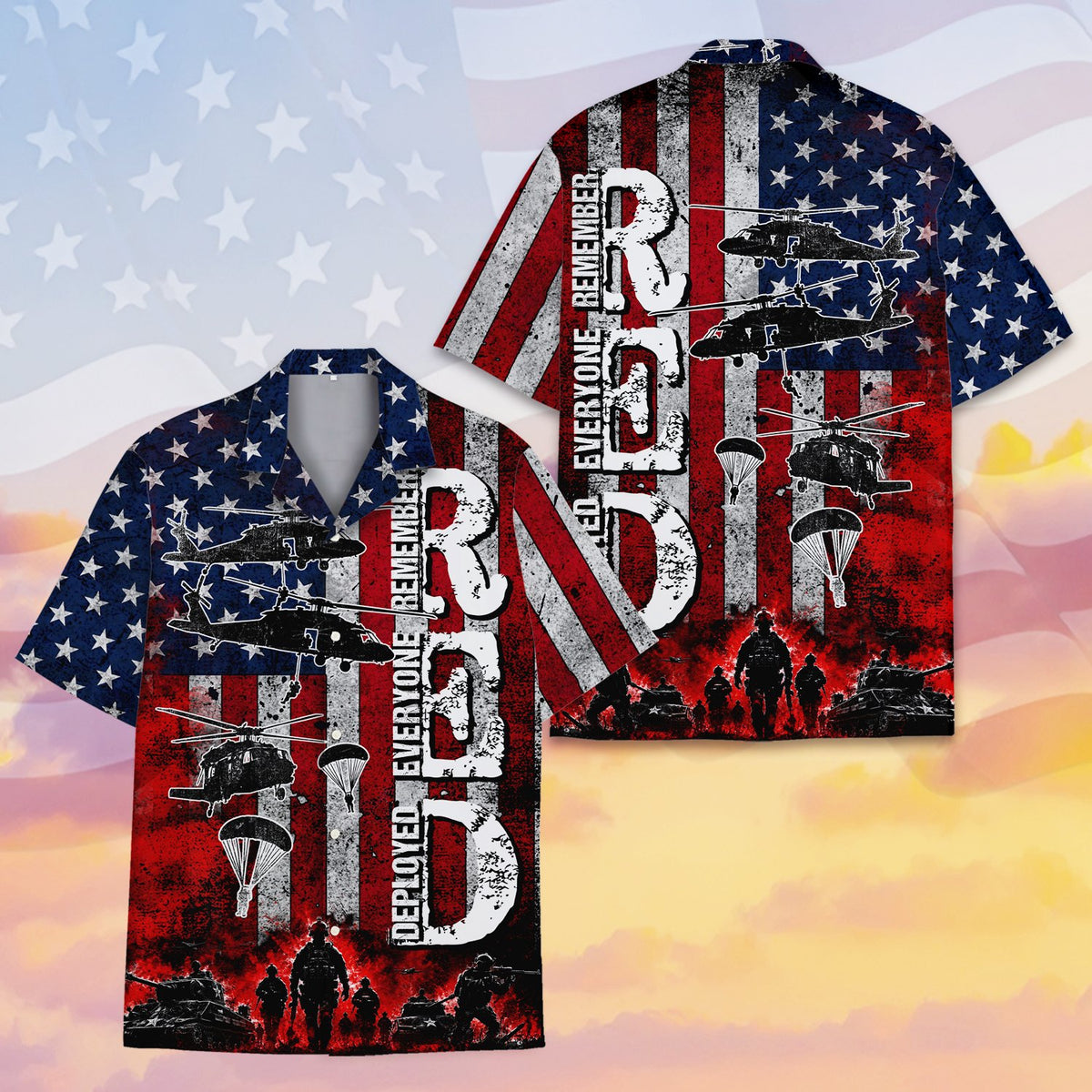 Distressed flag and military silhouettes on hawaiian shirt, front view