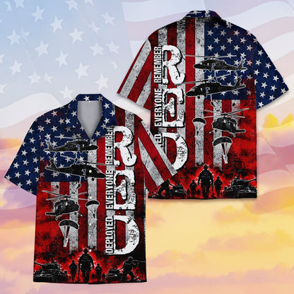 Distressed flag and military silhouettes on hawaiian shirt, front view