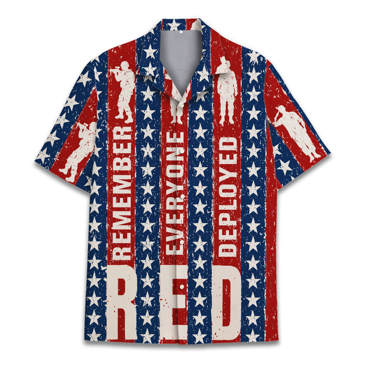 Detailed front view showing stars and soldier silhouettes on the hawaiian shirt