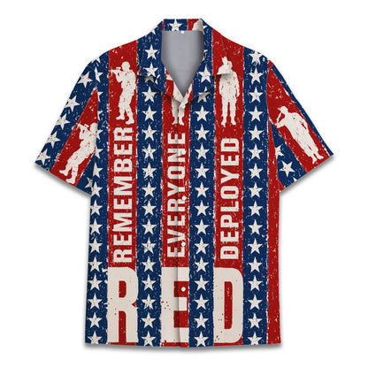 Detailed front view showing stars and soldier silhouettes on the hawaiian shirt