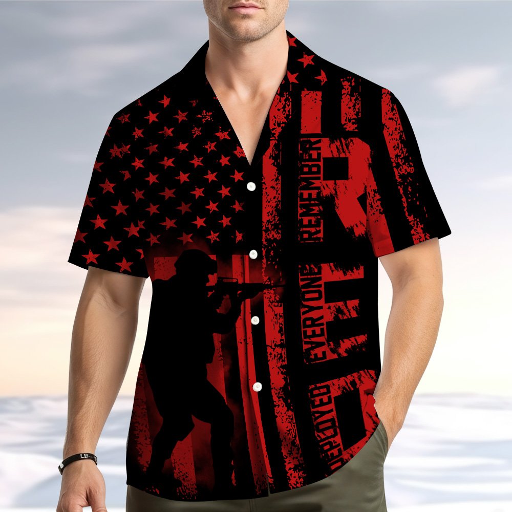 Detailed front view of the R.E.D. Remember Everyone Deployed hawaiian shirt