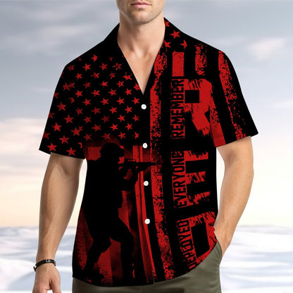 Detailed front view of the R.E.D. Remember Everyone Deployed hawaiian shirt