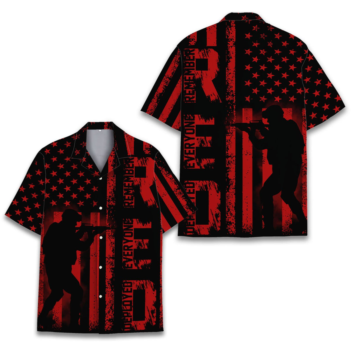 Front angle view of the military patriotic hawaiian shirt