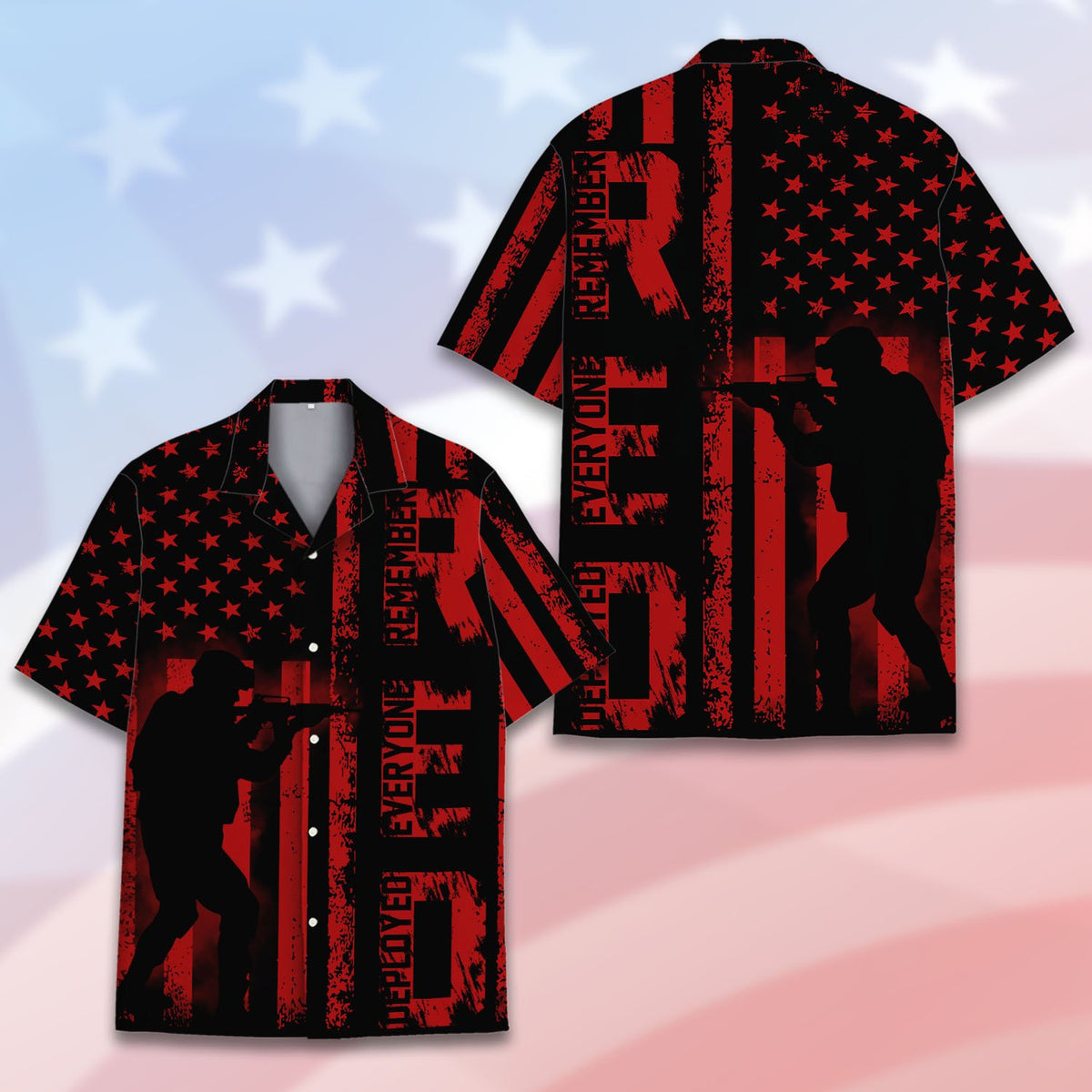 Button detail and fabric view of the red and black patriotic hawaiian shirt
