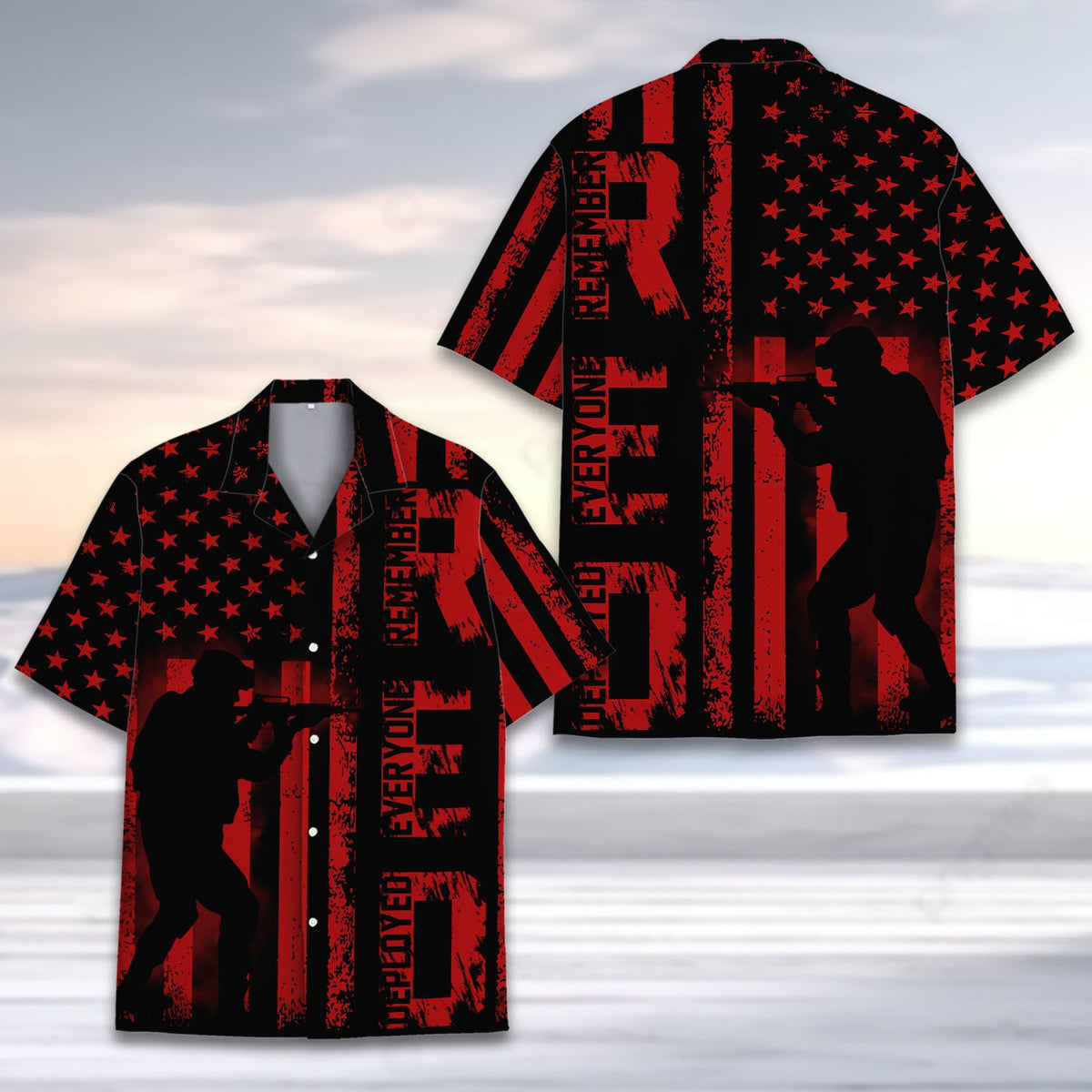Another front view of the R.E.D. soldier silhouette hawaiian shirt