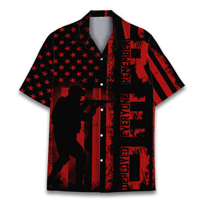 Full front view of the red and black military patriotic hawaiian shirt