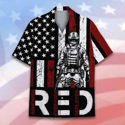 Military/patriotic hawaiian shirt featuring distressed flag and soldier RED design, main view