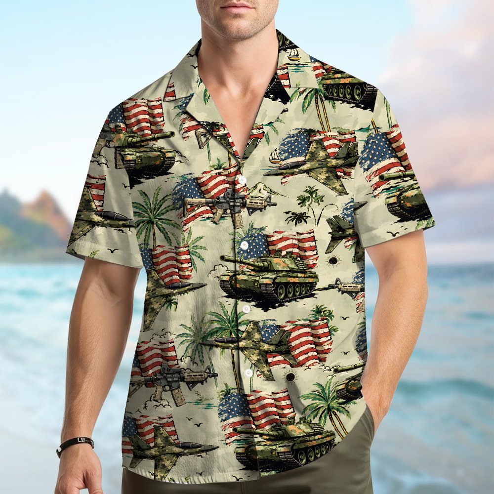 Military and patriotic hawaiian shirt on a beige background, main view 2