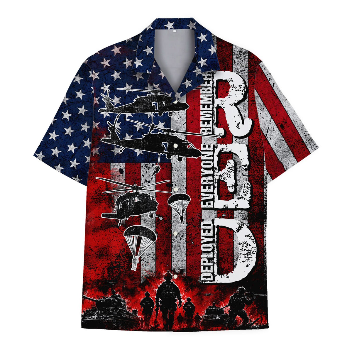 Patriotic military hawaiian shirt, front view