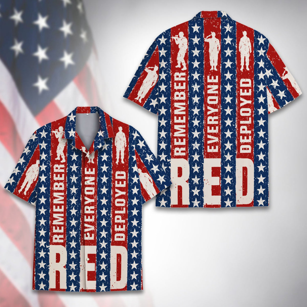 Front view of the patriotic Hawaiian shirt with Remember Everyone Deployed text
