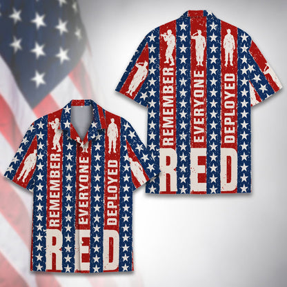 Front view of the patriotic Hawaiian shirt with Remember Everyone Deployed text