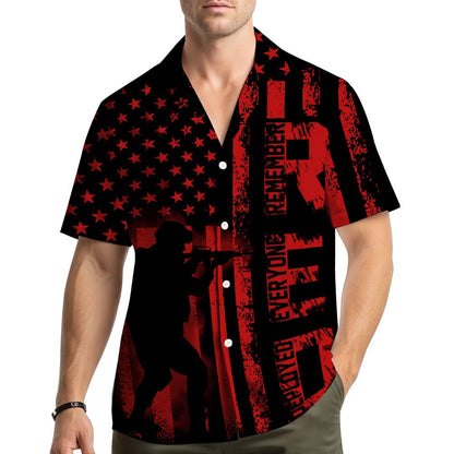 Matching family hawaiian shirt with distressed red and black American flag pattern, front view