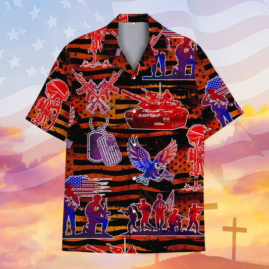 Military / patriotic hawaiian shirt featuring US flag and soldier graphics, main view