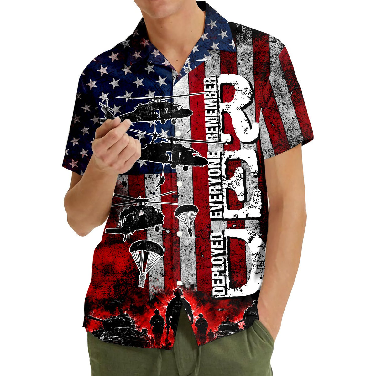 Matching family hawaiian shirts with patriotic RED design, lifestyle view