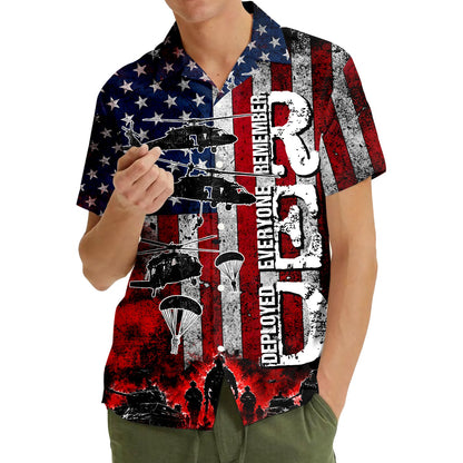 Matching family hawaiian shirts with patriotic RED design, lifestyle view