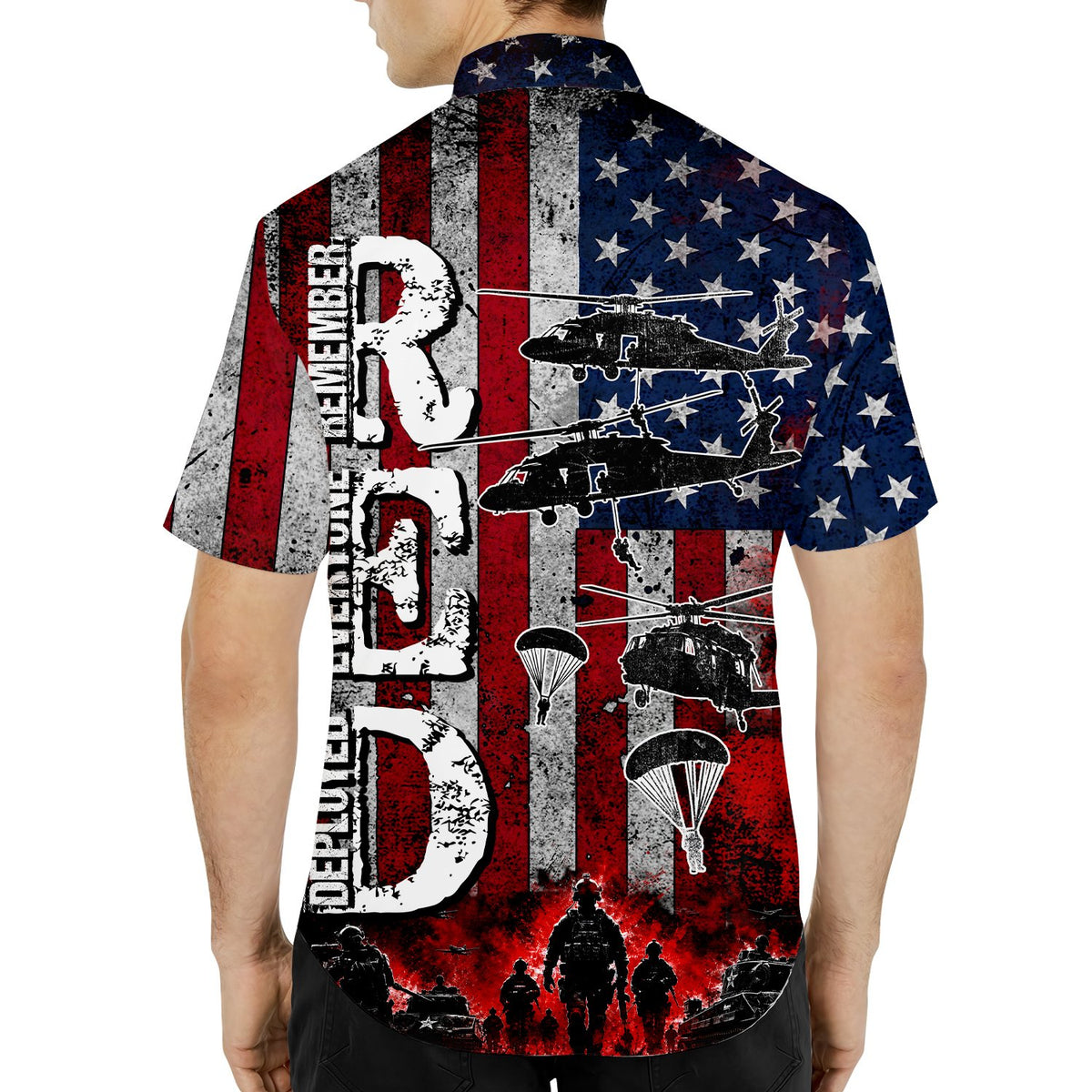 Adult wearing the red military hawaiian shirt outdoors