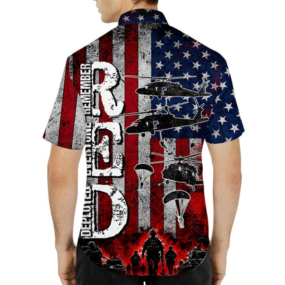 Adult wearing the red military hawaiian shirt outdoors