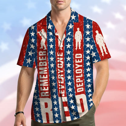 Third lifestyle view of the red, white, and navy hawaiian shirt