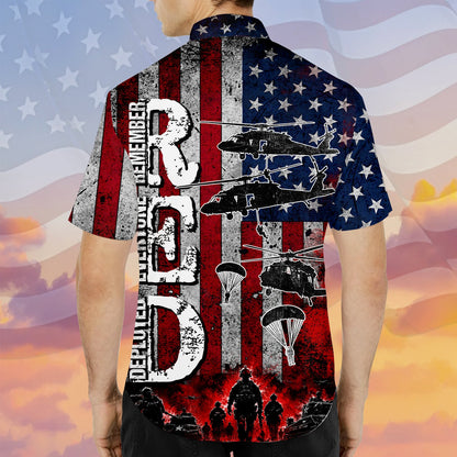 Close-up lifestyle view of the patriotic RED hawaiian shirt