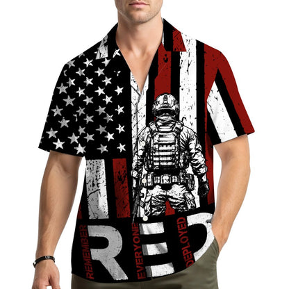 Lifestyle view of a person wearing the military/patriotic hawaiian shirt