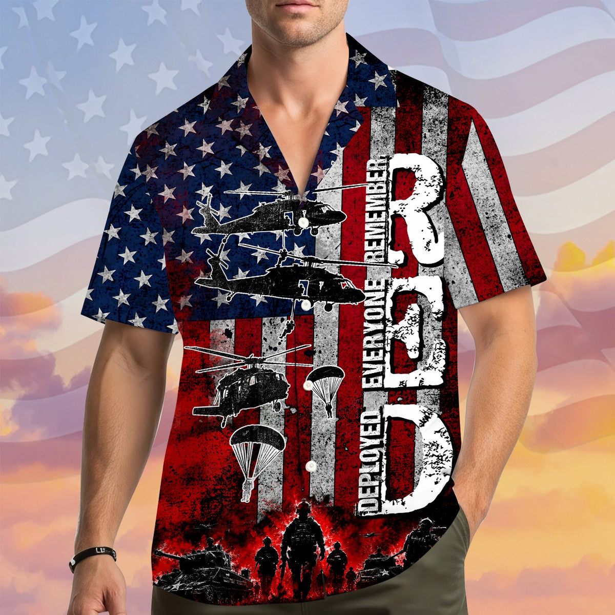 Lifestyle view of the family hawaiian shirt with military design