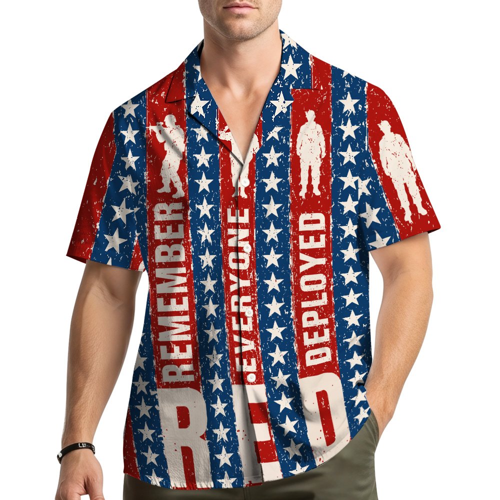 Lifestyle image of an adult wearing the military patriotic hawaiian shirt outdoors