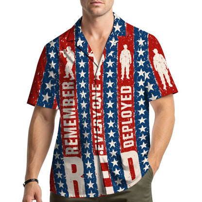 Lifestyle image of an adult wearing the military patriotic hawaiian shirt outdoors