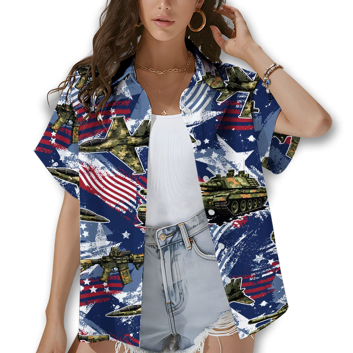 Lifestyle view of a family wearing the military patriotic Hawaiian shirts