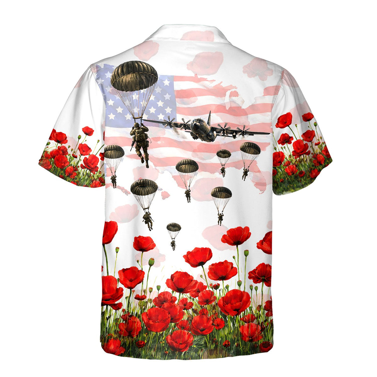Back view of the patriotic hawaiian shirt with military paratrooper design