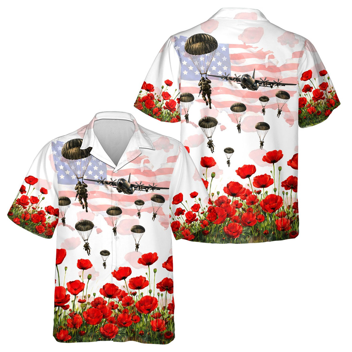 Front view of the white military hawaiian shirt featuring a US flag map and poppies