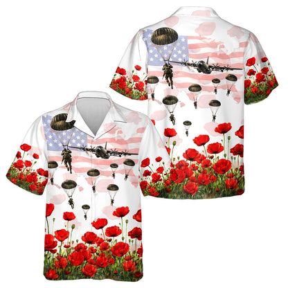 Front view of the white military hawaiian shirt featuring a US flag map and poppies