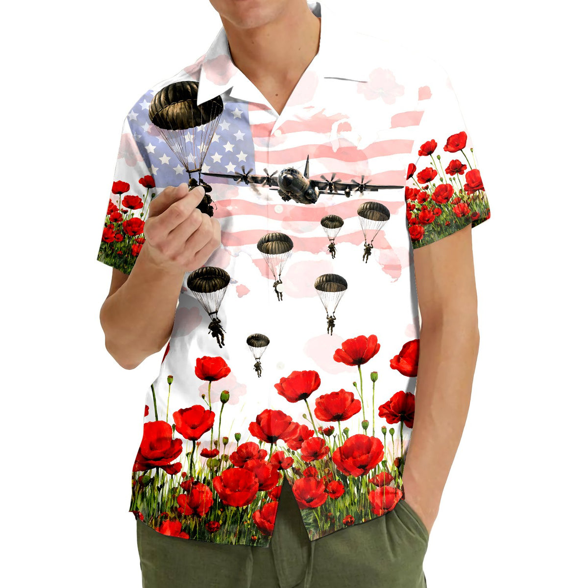 Close up lifestyle view of the patriotic hawaiian shirt with red poppies