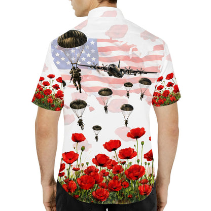 Another lifestyle view of the matching family hawaiian shirts with military design
