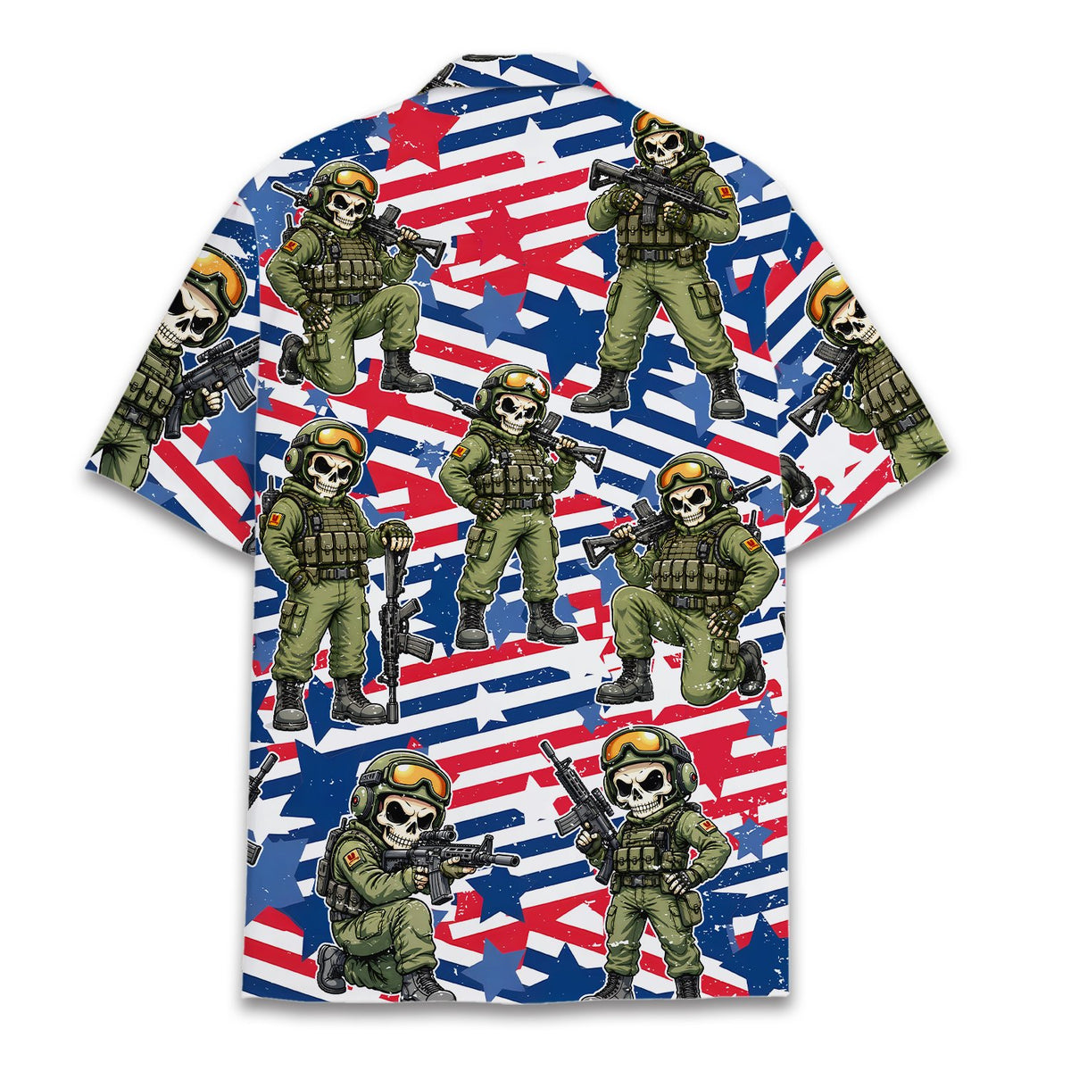 Back view of the military skull hawaiian shirt with patriotic stars and stripes pattern