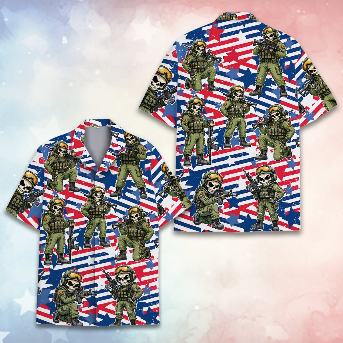 Another front view displaying the red, white, and blue grunge background of the hawaiian shirt