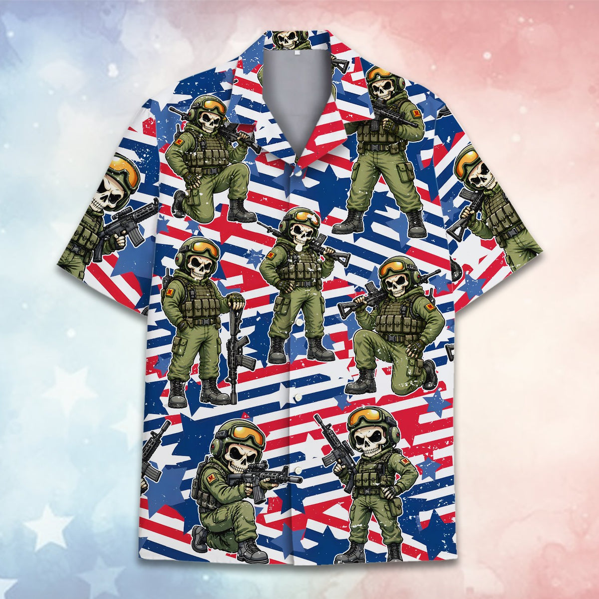 Close up front view highlighting the detailed skull and rifle print on the hawaiian shirt