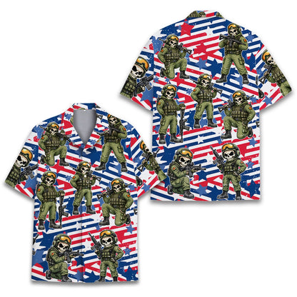 Main view of the military skull hawaiian shirt showing cartoon skulls and grunge stars and stripes