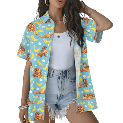 Lifestyle view of someone wearing the blue monkeys hawaiian shirt in summer