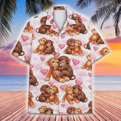 Another front view of the monkeys and hearts patterned shirt