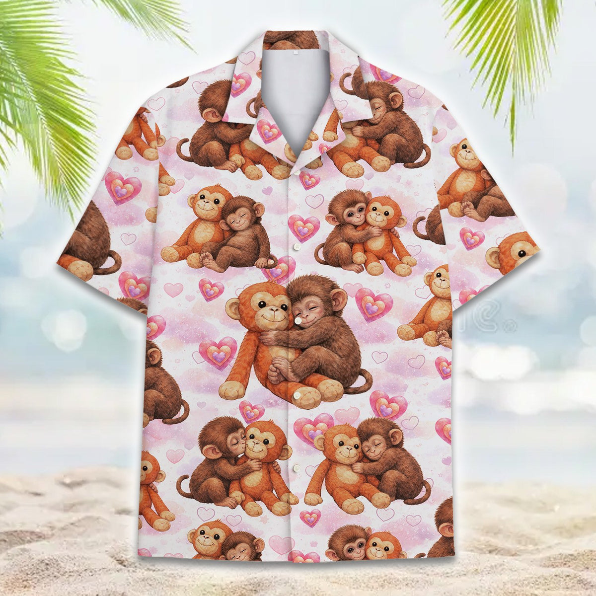 Close up front view of the pink hugging monkeys Hawaiian shirt