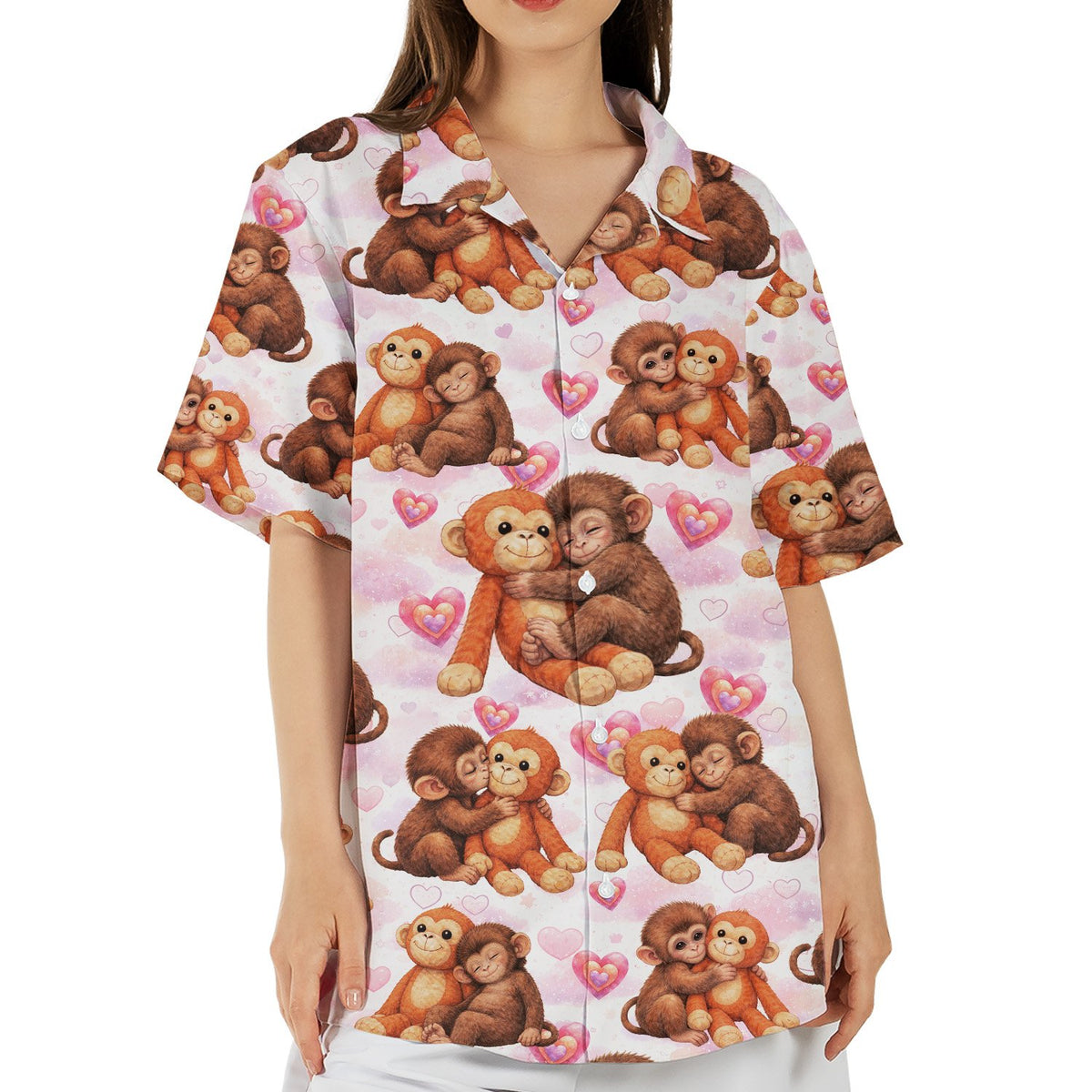 Main view of the matching family Hawaiian shirts featuring monkeys and hearts