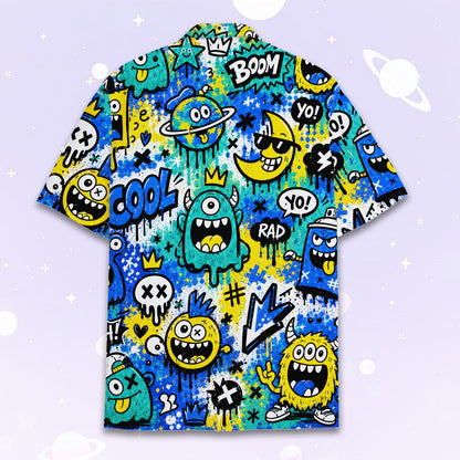 Back view of the monster graffiti hawaiian shirt