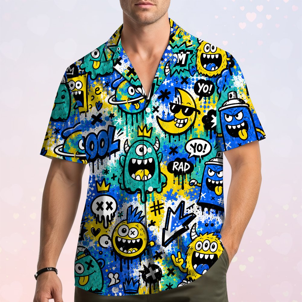 Detailed front view of the graffiti hawaiian shirt